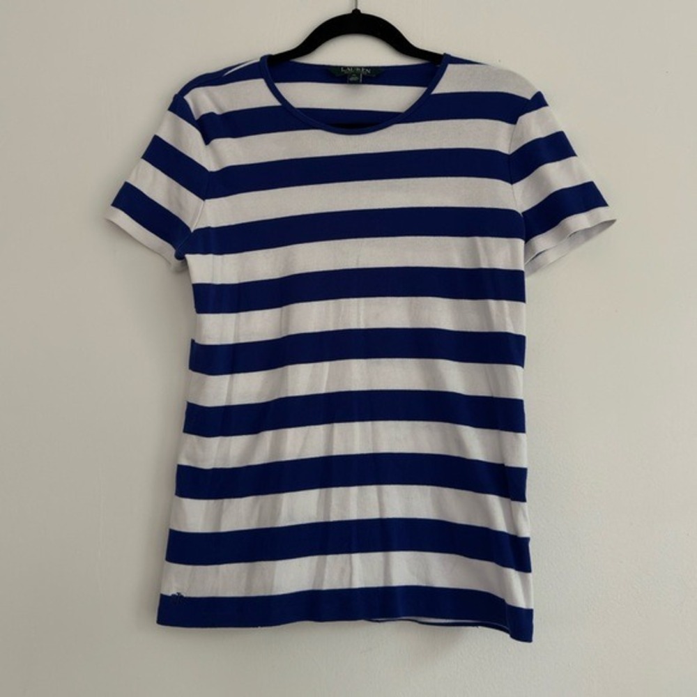 Lauren Ralph Lauren Blue White Striped Short Sleeve T-Shirt XL Crew Neck Logo